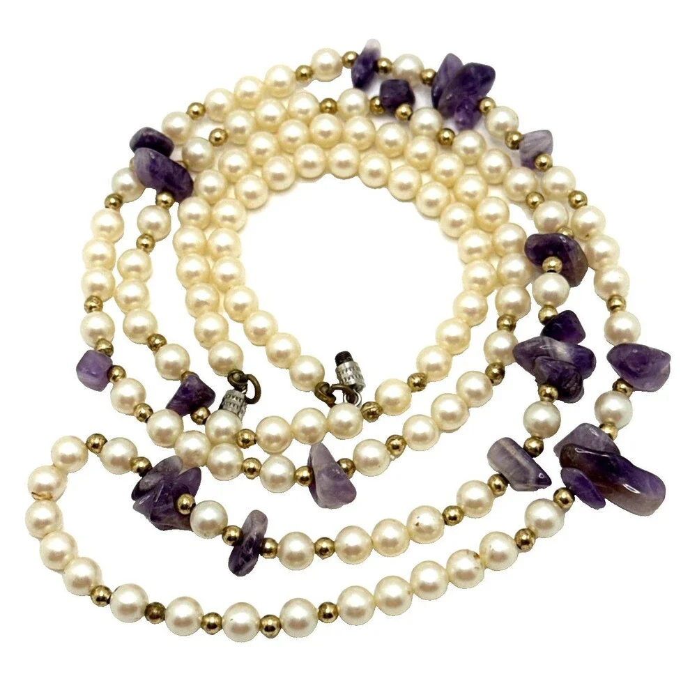 Vintage Faux Pearl Amethyst Chip Station Necklace Long Stone Boho Energy Calming